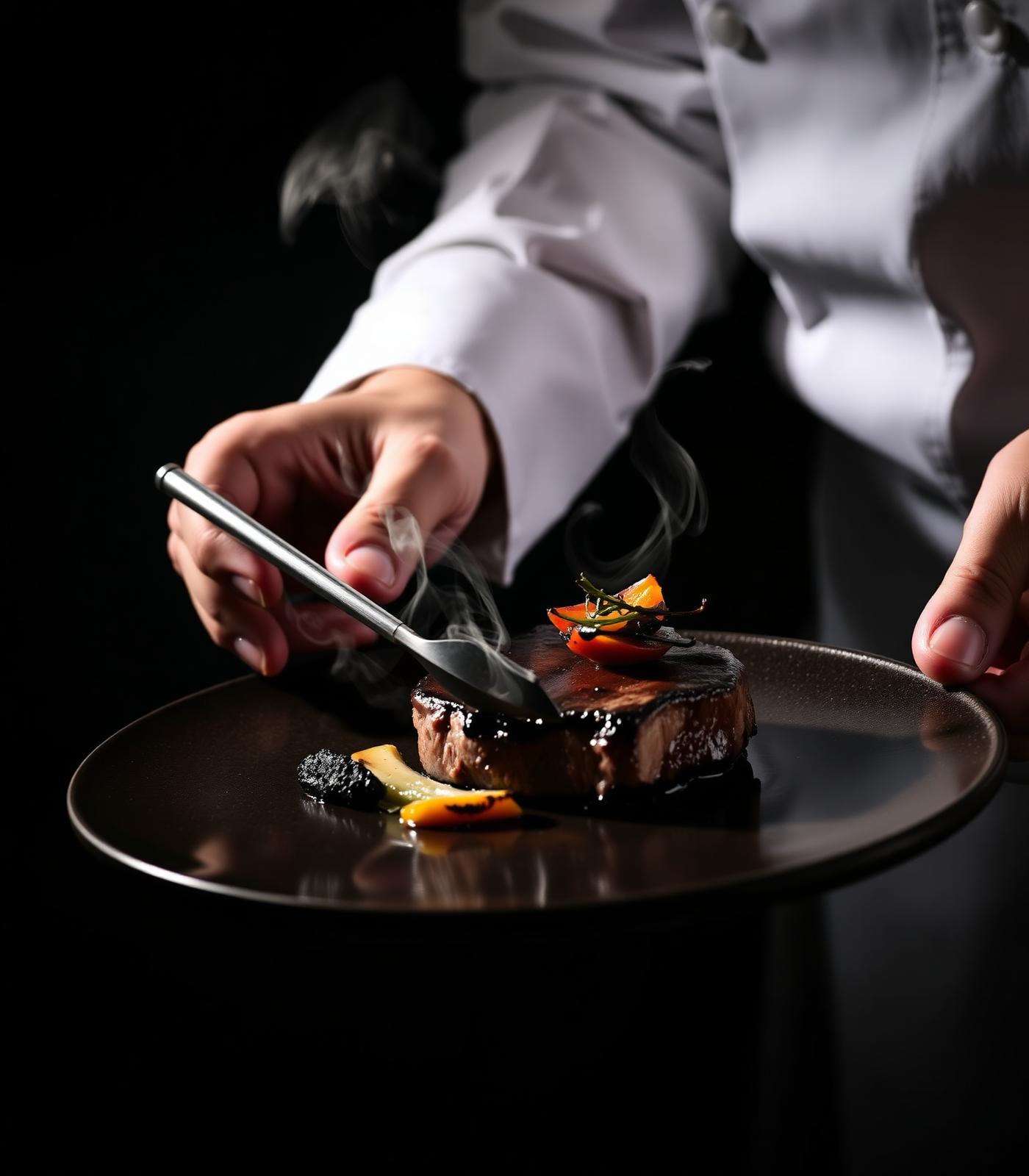 Chef plating a dry-aged steak