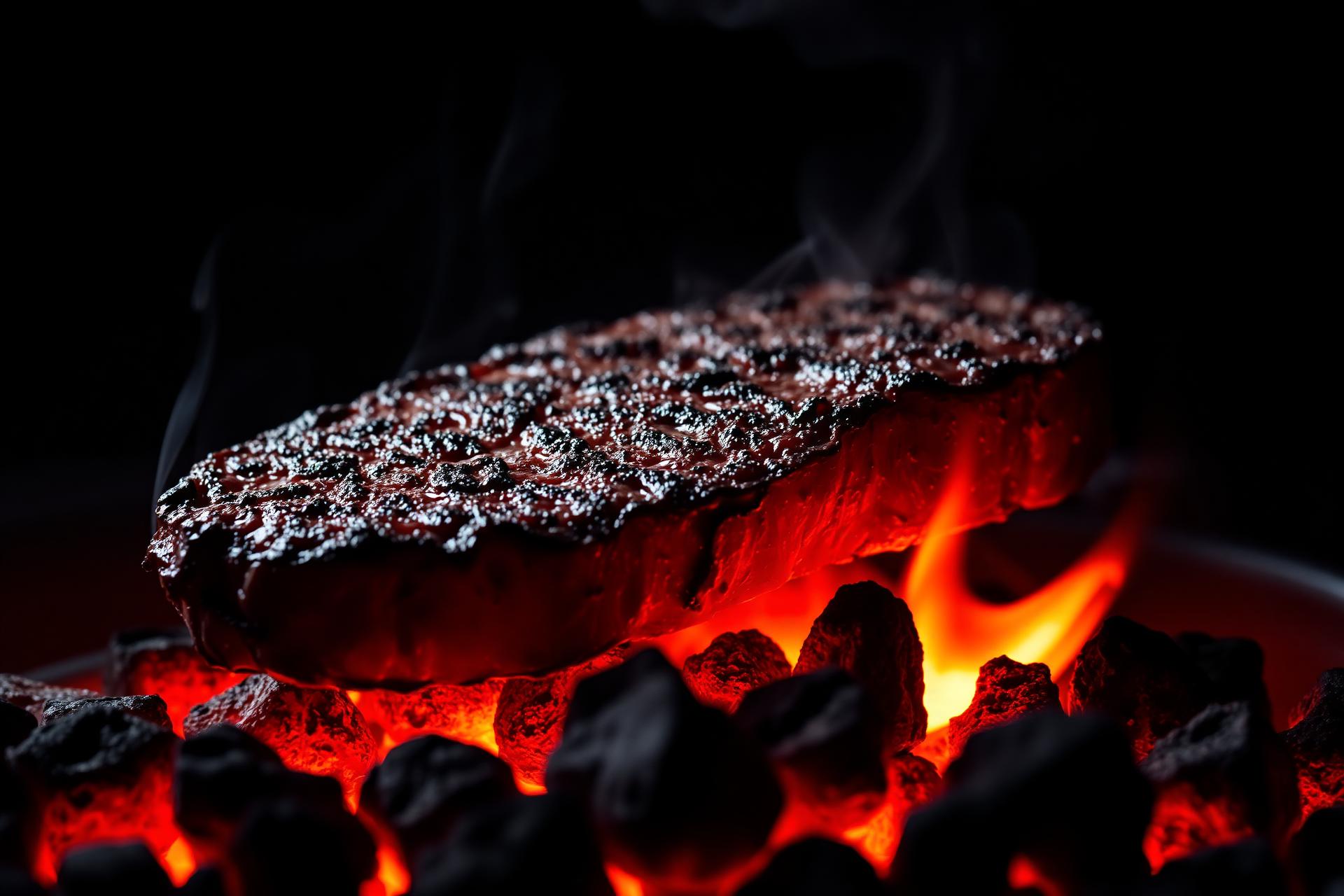 Premium steak searing over glowing charcoal at Darby & Co.